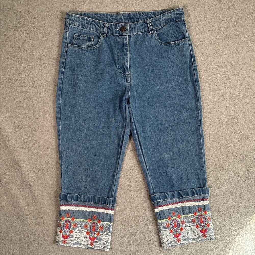 Vintage JW Petite Jeans Junction West Size 10p Cropped Capri Lace Embroidery Y2K